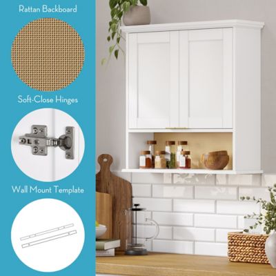 Image showing  Two-Door Kitchen Wall Cabinet with Rattan Backboard - White