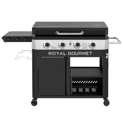 Image showing  Premium 4-Burner Gas Griddle with Foldable Pull-Out Side Table, 34-in. Griddle with Hood, Cabinet and Side Shelf