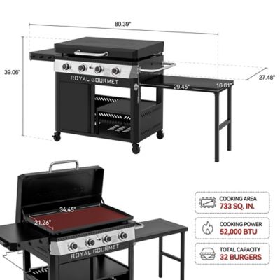 Image showing  Premium 4-Burner Gas Griddle with Foldable Pull-Out Side Table, 34-in. Griddle with Hood, Cabinet and Side Shelf