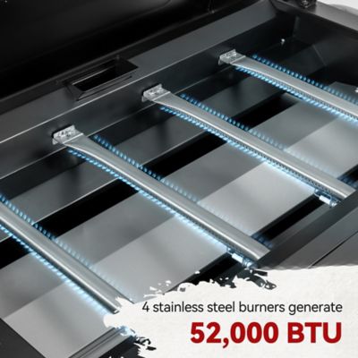 Image showing  Premium 4-Burner Gas Griddle with Foldable Pull-Out Side Table, 34-in. Griddle with Hood, Cabinet and Side Shelf