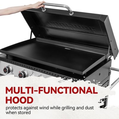 Image showing 7 th Royal Gourmet Premium 4-Burner Gas Griddle with Foldable Pull-Out Side Table, 34 in. Griddle with Hood, Cabinet and Side Shelf