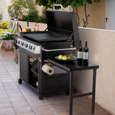 Image showing 9 th Royal Gourmet Premium 4-Burner Gas Griddle with Foldable Pull-Out Side Table, 34 in. Griddle with Hood, Cabinet and Side Shelf