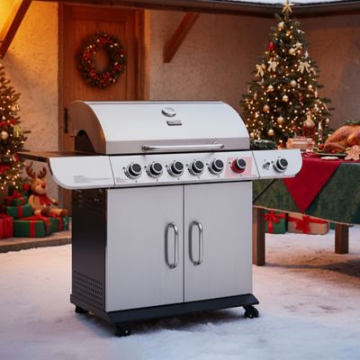 Image showing  6-Burner Gas Grill with Sear Burner and Side Burner, Stainless Steel Cabinet Style Gas Grill with Cover