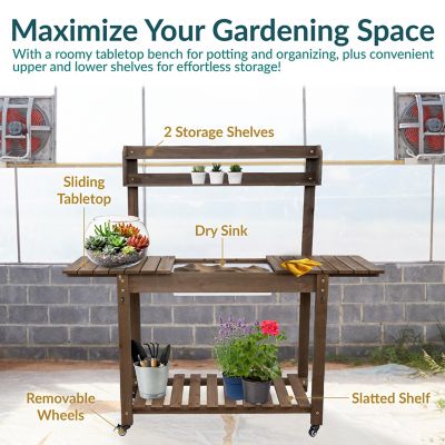 Image showing  Wheeled Wood Outdoor Potting Bench with Sink, Brown, 39 in.