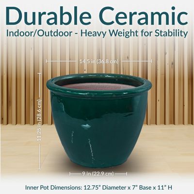 Image showing  14.5 in. Chalet Glazed Ceramic Planter - Dark Green