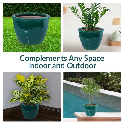 Image showing  14.5 in. Chalet Glazed Ceramic Planter - Dark Green
