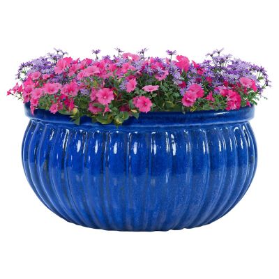 Sunnydaze Decor 14.5 in. Round Ribbed Ceramic Planter Bowl - Imperial Blue