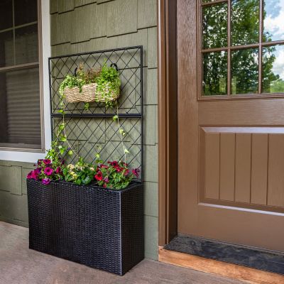 Image showing  3-Section Wicker Planter Box with Trellis - Black