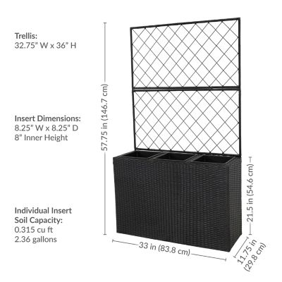 Image showing  3-Section Wicker Planter Box with Trellis - Black