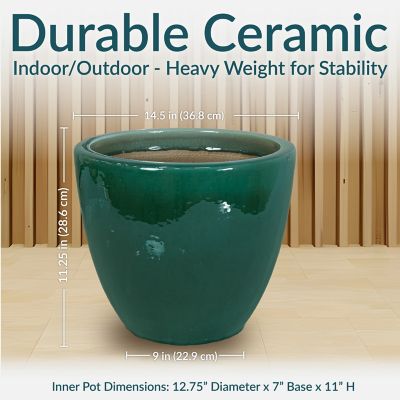 Image showing  14.5 in Resort Glazed Ceramic Planter - Dark Green