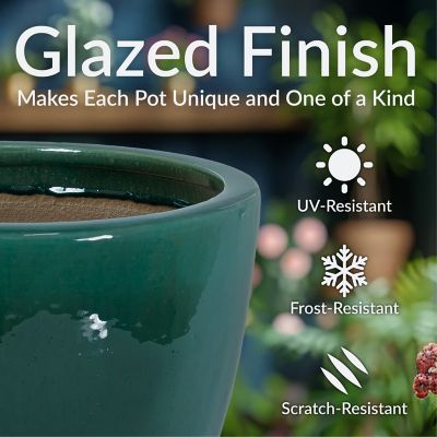 Image showing 7 th Sunnydaze Decor 14.5 in Resort Glazed Ceramic Planter - Dark Green