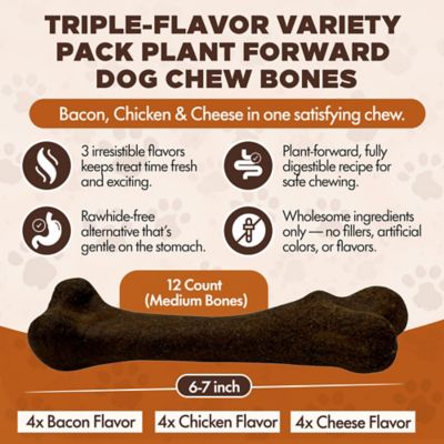 Image showing  Mixed Variety Pack Bacon, Chicken & Cheese Flavored Plant-Forward Dog Chew Bone, Medium, 12 CT