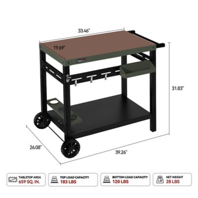 Image showing  Double-Tier Dining Cart with Olive Green Top, Sturdy Structure and Open Storage Shelf