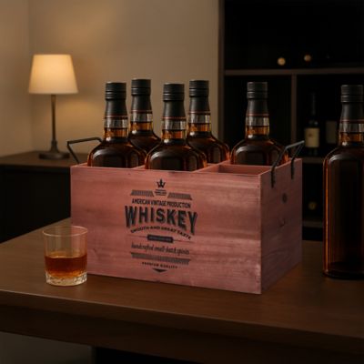 Image showing  The Whiskey Wood Crate Bottle Holder 6-Bottle Rustic Storage Box with Metal Handles