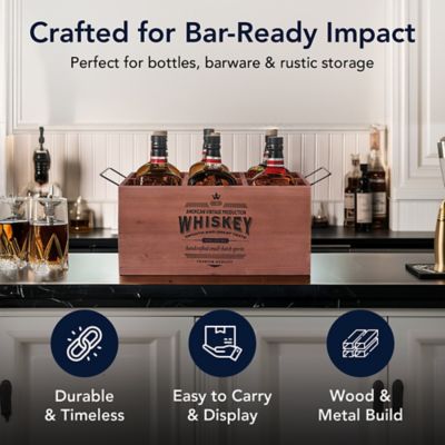 Image showing  The Whiskey Wood Crate Bottle Holder 6-Bottle Rustic Storage Box with Metal Handles