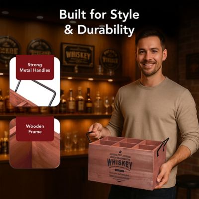 Image showing  The Whiskey Wood Crate Bottle Holder 6-Bottle Rustic Storage Box with Metal Handles