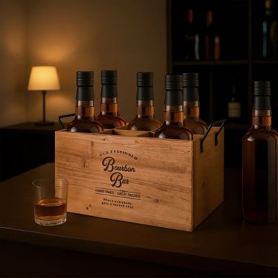 Image showing  The Bourbon Bar Wood Crate Bottle Holder with Metal Handles