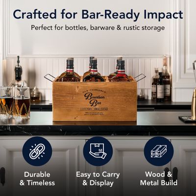 Image showing  The Bourbon Bar Wood Crate Bottle Holder with Metal Handles