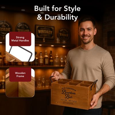 Image showing  The Bourbon Bar Wood Crate Bottle Holder with Metal Handles