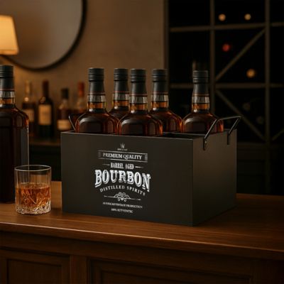 Image showing  The Bourbon Bar Wood Crate Bottle Holder 6-Bottle Rustic Storage Box with Metal Handles