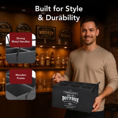 Image showing  The Bourbon Bar Wood Crate Bottle Holder 6-Bottle Rustic Storage Box with Metal Handles