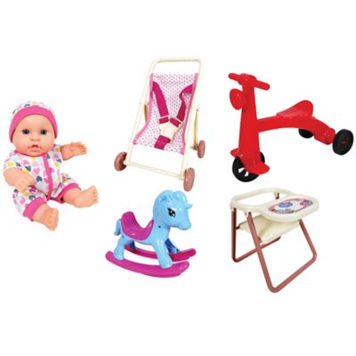 Lissi 8 in. Baby Doll Set: Scooter, Pushchair, Rocking Chair, High Chair