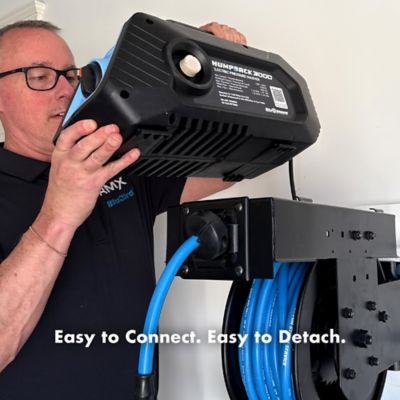 Image showing 9 th BLU SHIELD Humpback 3000 PSI 1.6 GPM Cold Water Electric Pressure Washer with Integrated Auto-Retract Hose Reel, and Accessories