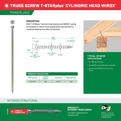 Image showing  14 x 6-1/4in. Interior Structural Wood Truss Rafter Screws Powerlags Cylindric Head T-Star Plus (50 EA) Bit Included