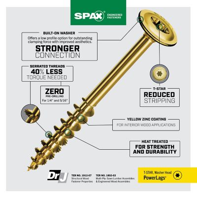 Image showing  1/4 x 3in. Interior Structural Wood Lag Screws Powerlags Washer Head T-Star (50 EA) Bit Included