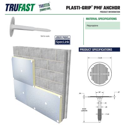 Image showing  3.5 in. Plasti-Grip PMF Fastener, 250 pk., White Plastic Heavy-Duty Insulation Anchors for Brick, Concrete, Stone Walls