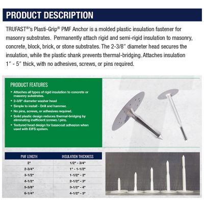 Image showing  2.75 in. Plasti-Grip PMF Fastener, 250 pk., White Plastic Heavy-Duty Insulation Anchors, Brick, Concrete, Stone Walls