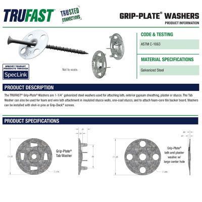 Image showing  1.25 in. Grip-Plate Flat Metal Washer, 1000 pk., Silver Galvanized Steel for Lath Plaster Stucco Repair