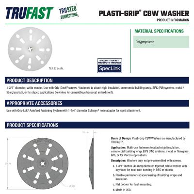 Image showing  1.75 in. Plasti-Grip CBW Flat Insulation Washer, 250 pk., White Plastic Rigid Foam Board Insulation