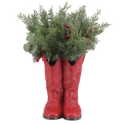 Red Shed 16 in. Resin Boots with Greenery Christmas Decoration