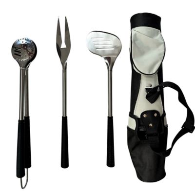 Outset Stainless Steel Golf Club Grill Tool Set, Includes Tool Golf Bag, Spatula, BBQ Fork, and Tongs