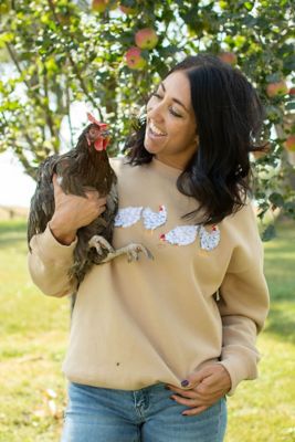 Image showing  Women's Fluffy Embroidered White Chicken Tan Crewneck