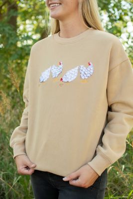 Image showing  Women's Fluffy Embroidered White Chicken Tan Crewneck
