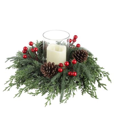 Red Shed LED Candle with Pine Wreath Decor, 12 in.