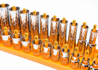 Image showing  3 pc. 1/4in., 3/8in., and 1/2in. Drive Orange Metric Socket Storage Tray Set
