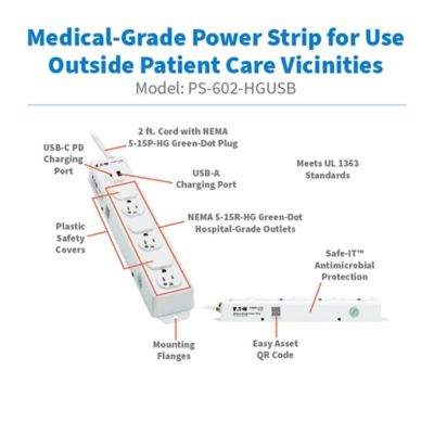 Image showing  6-AC Outlet and 2-USB Port Safe-IT Medical-Grade Power Strip, 2 ft. Cord with Straight Plug