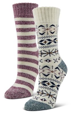 Blue Mountain Women's Midweight Brushed Thermal Crew Socks, Geometric Fair Isle Pattern, 2 Pairs
