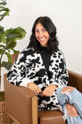 Image showing 2 th American Farm Company Women's Black Cow Print Luxe Cardigan