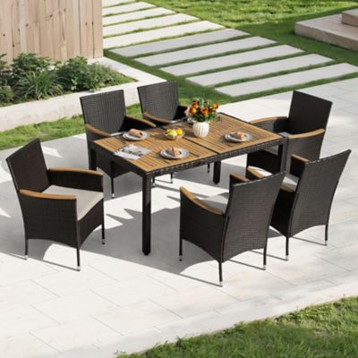 Nuu Garden 7 pc. Acacia Wood Wicker Patio Dining Set with Cushions