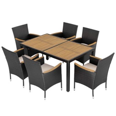 Image showing  7 pc. Acacia Wood Wicker Patio Dining Set with Cushions