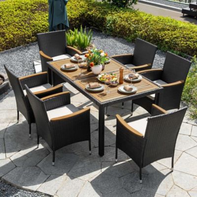 Image showing 8 th Nuu Garden 7 pc. Acacia Wood Wicker Patio Dining Set with Cushions