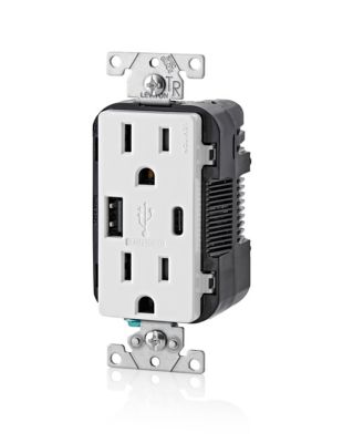 Leviton Combination 15 A Duplex Outlet with Type A and C USB Chargers, White, 2 pk.