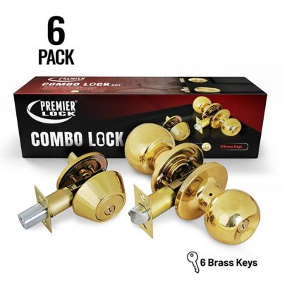 Grip Tight Tools Solid Brass Entry Lock Set Door Knob & Deadbolt with 36 KW1 Keys, 6 pk., Keyed Alike