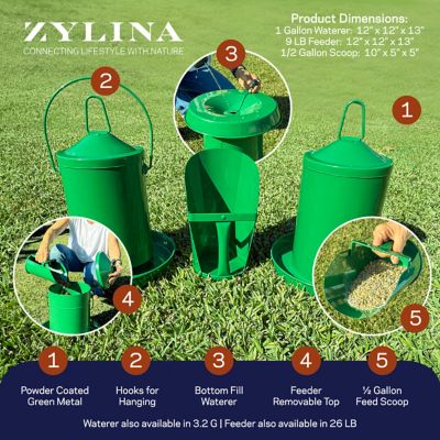 Image showing  Powder Coated Green Metal Waterer 1 gal. Feeder 13 lb., Feed Scoop Combo Kit