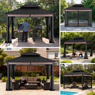 Image showing  10 x 12 ft. Heavy-Duty Hardtop Gazebo with Mosquito Netting & Wood-Look Beams
