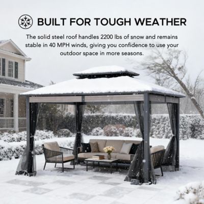 Image showing 9 th Sunjoy 10 x 12 ft. Heavy-Duty Hardtop Gazebo with Mosquito Netting & Wood-Look Beams